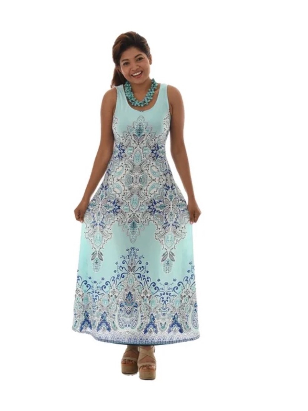 Shoreline Wear Turquoise & Blue Paisley Print Maxi Scoop Neckline Stretchy Sz L
